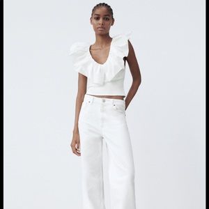 Zara white ribbed tank with ruffle collar NWT